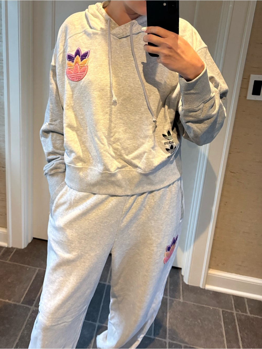 adidas Light Gray Hoodie & Sweatpants Set with Pink, Orange and Purple Trefoil
